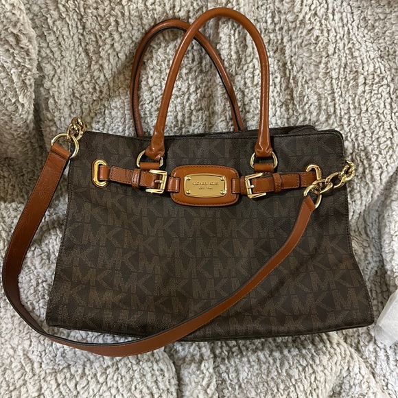 Authentic Michael Kors Dark Brown Logo Purse W/Caramel Leather Accents & Straps - Picture 1 of 11